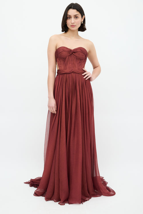 Maria Lucia Hohan Burgundy 
Gold Silk Bardot Gown