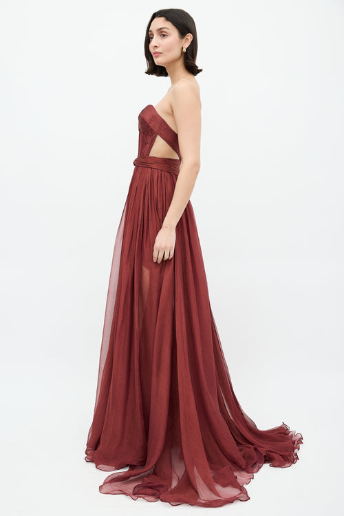 Maria Lucia Hohan Burgundy 
Gold Silk Bardot Gown