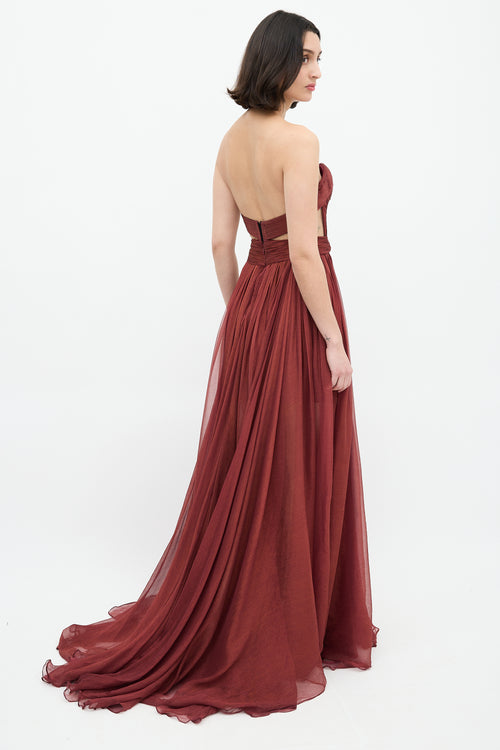 Maria Lucia Hohan Burgundy 
Gold Silk Bardot Gown