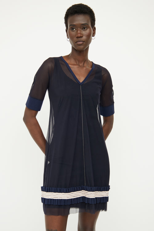 Marie Saint Pierre Navy Mesh Short Sleeve Dress