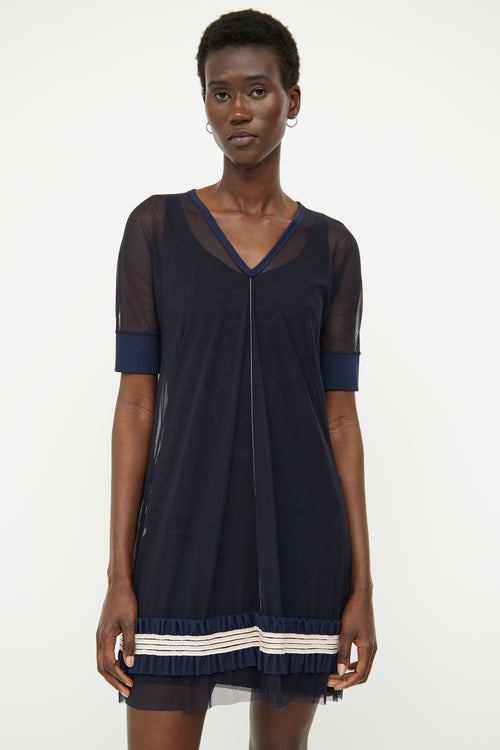 Marie Saint Pierre Navy Mesh Short Sleeve Dress