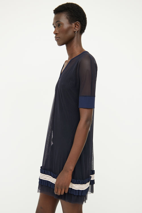 Marie Saint Pierre Navy Mesh Short Sleeve Dress