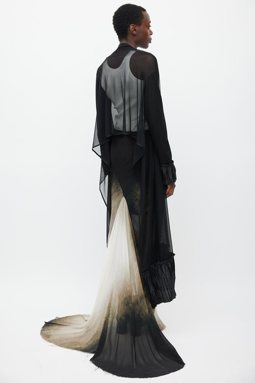 Marie Saint Pierre Black Sheer Mesh Pleated Long Cardigan