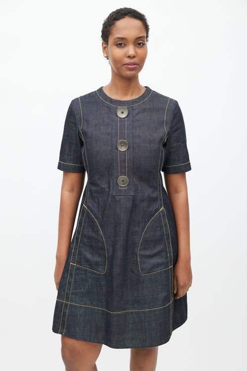 Marni Navy 
Yellow Denim Contrast Stitch Dress