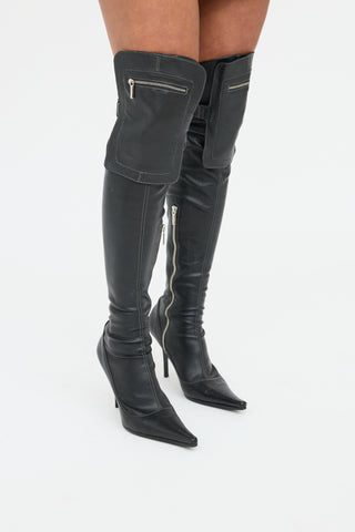 Mario Bologna Black Leather Knee High Pocket Boot