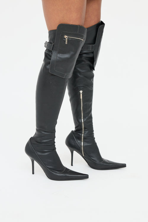 Mario Bologna Black Leather Knee High Pocket Boot