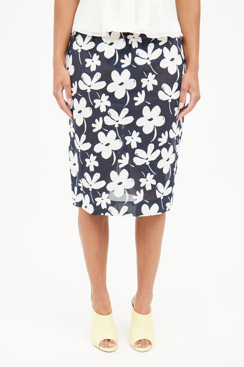 Marni Navy 
White Floral Print Skirt