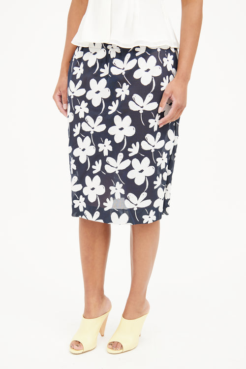 Marni Navy 
White Floral Print Skirt