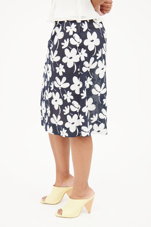 Marni Navy 
White Floral Print Skirt