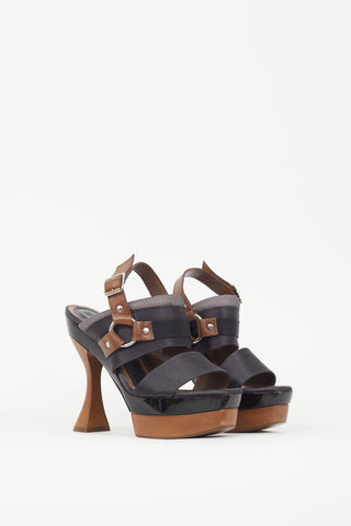 Marni Black Satin 
Brown Wooden Platform Sandal