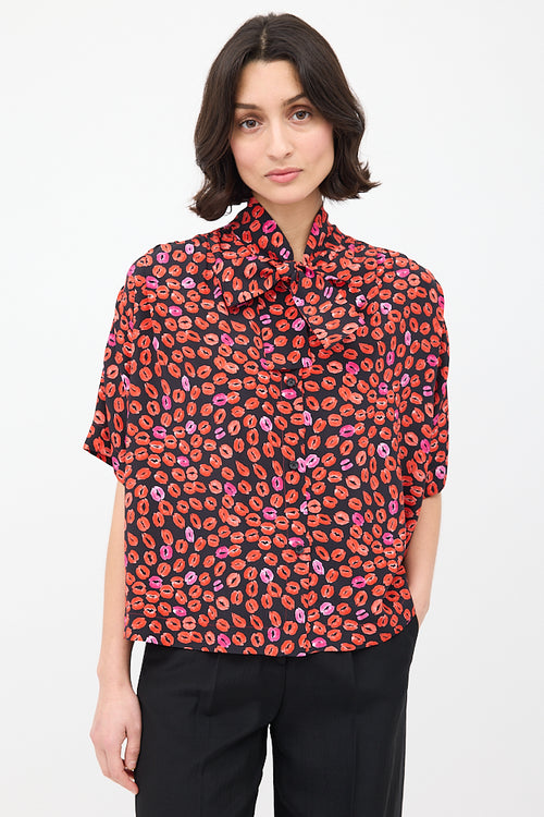 Marni Black 
Red Silk Printed Short Sleeve Shirt