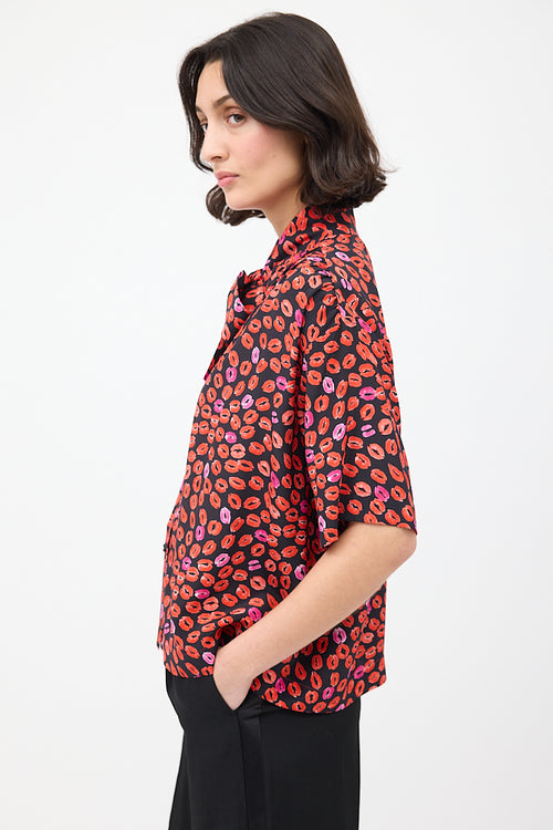 Marni Black 
Red Silk Printed Short Sleeve Shirt