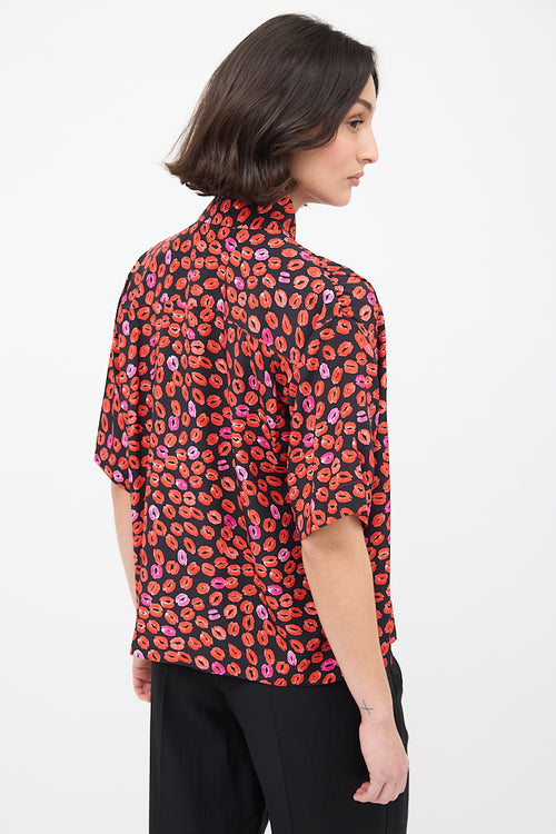 Marni Black 
Red Silk Printed Short Sleeve Shirt