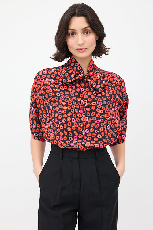 Marni Black 
Red Silk Printed Short Sleeve Shirt