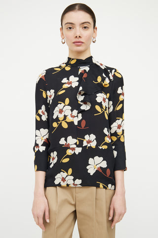 Marni Black 
Multicolour Silk Floral Ruffled Top