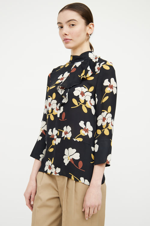 Marni Black 
Multicolour Silk Floral Ruffled Top