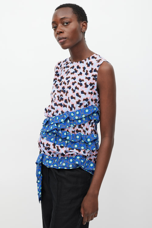 Marni Blue 
Multi Silk Printed Ruffle Blouse