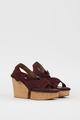 Marni Burgundy Suede 
Wooden Platform Sandal