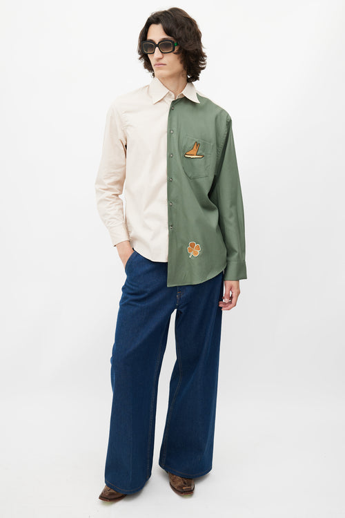 Marni Cream 
Green Embroidered Patch Shirt