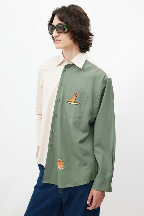 Marni Cream 
Green Embroidered Patch Shirt