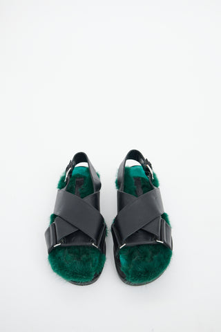 Marni Black 
Green Leather 
Fur Fussbett Sandal