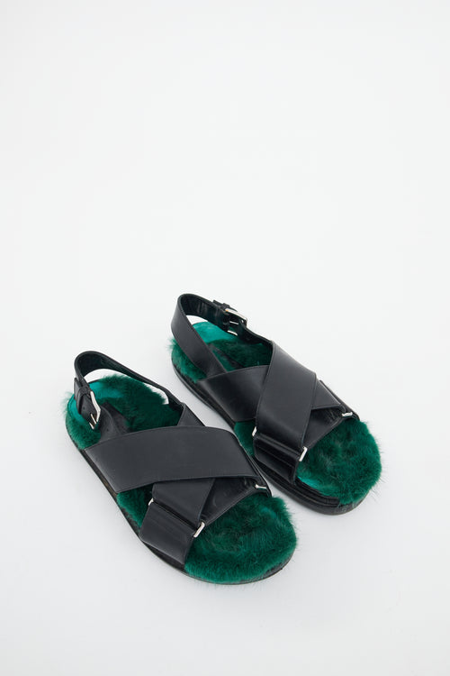 Marni Black 
Green Leather 
Fur Fussbett Sandal