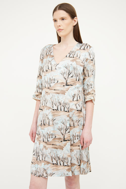 Marni Brown Pleated Print Dress