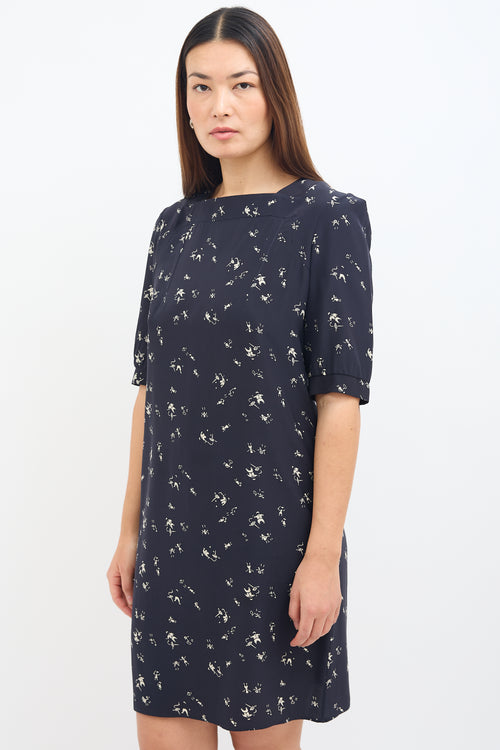 Marni Navy 
White Silk Printed Dress