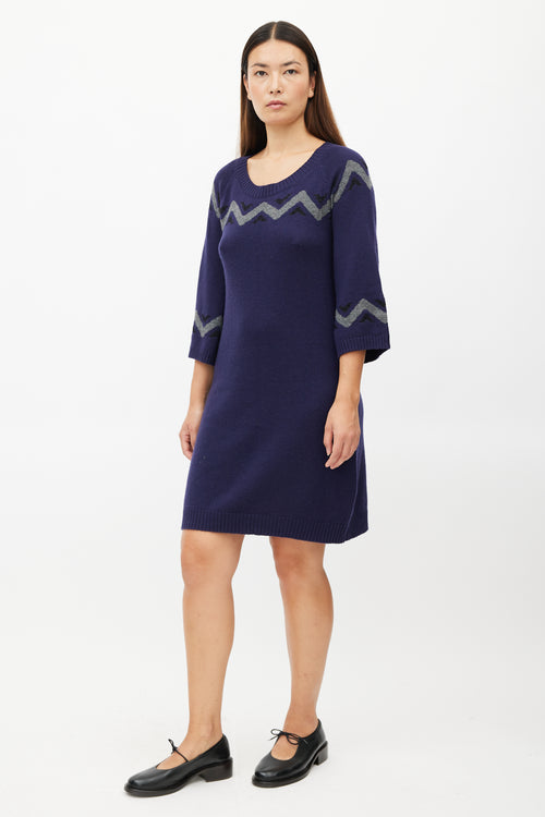 Marni Navy 
Grey Stripe Knit Sweater Dress