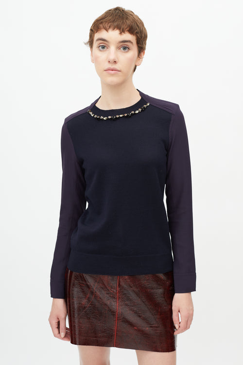 Marni Navy Mixed Knit Studded Blouse