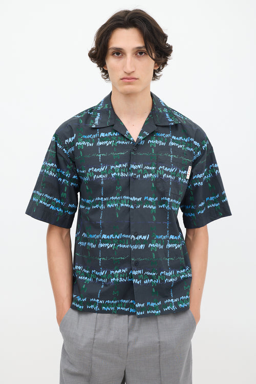 Marni Navy 
Multicolour Cotton Script Short Sleeve Shirt