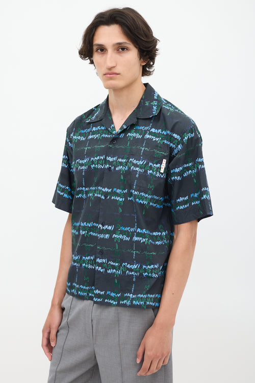 Marni Navy 
Multicolour Cotton Script Short Sleeve Shirt