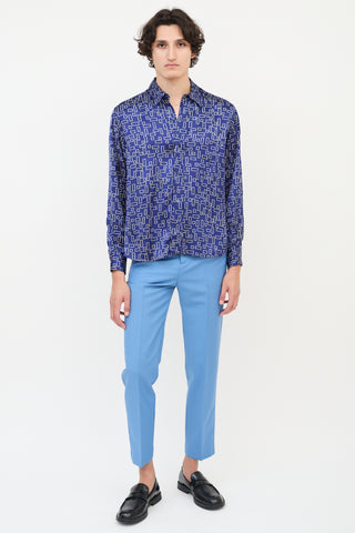 Marni Navy 
White Satin Geometric Button Up Shirt