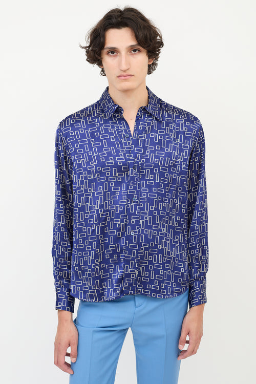 Marni Navy 
White Satin Geometric Button Up Shirt