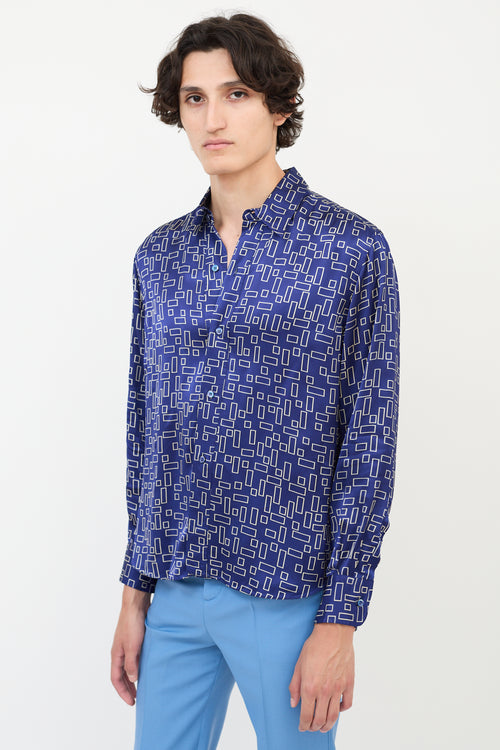 Marni Navy 
White Satin Geometric Button Up Shirt