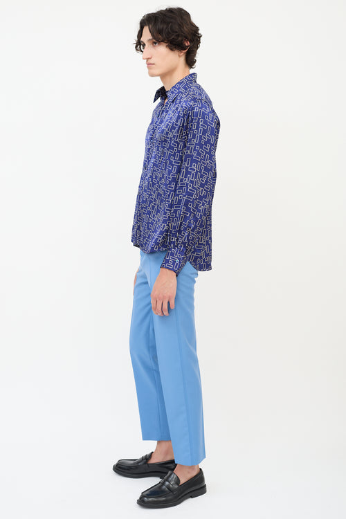 Marni Navy 
White Satin Geometric Button Up Shirt