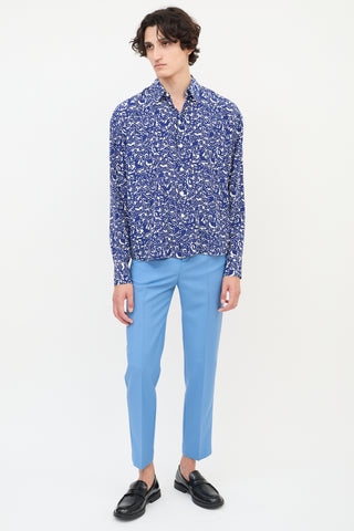 Marni Navy 
White Silk Floral Button Up Shirt