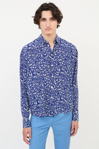 Marni Navy 
White Silk Floral Button Up Shirt