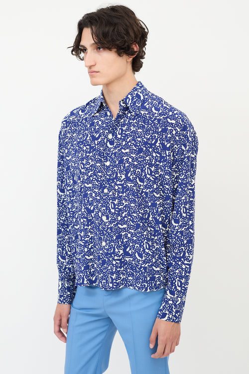 Marni Navy 
White Silk Floral Button Up Shirt