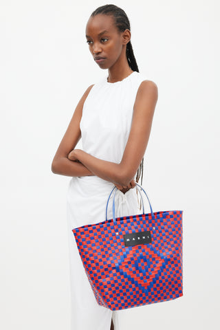 Marni Blue 
Red Woven Market Tote Bag