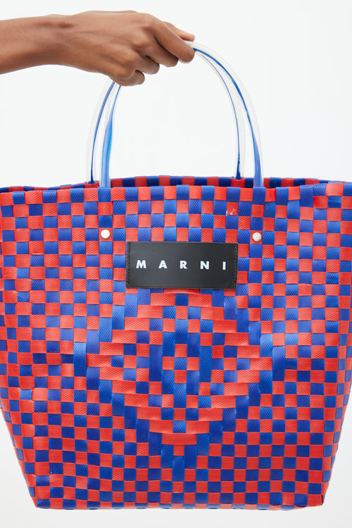 Marni Blue 
Red Woven Market Tote Bag