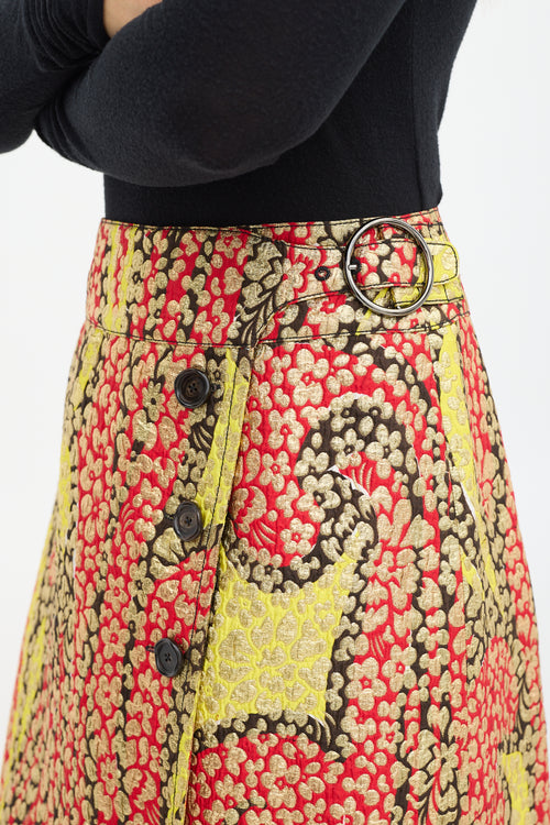 Marni Red 
Multicolour Floral Brocade Wrap Skirt