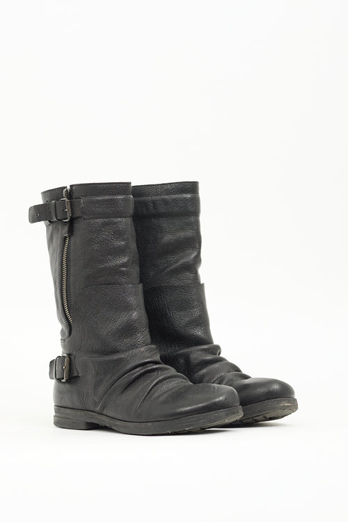 Marsèll Black Leather Moto Mid Calf Boot