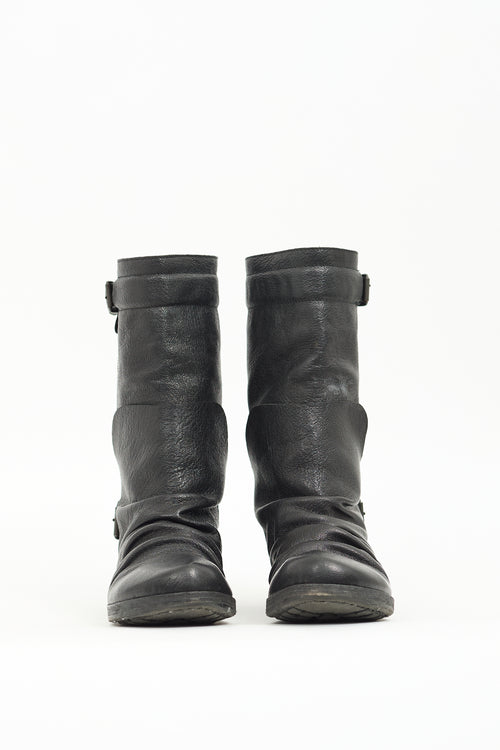 Marsèll Black Leather Moto Mid Calf Boot