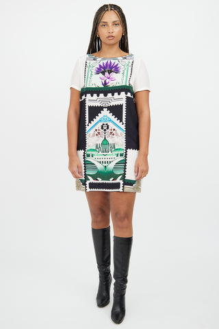 Mary Katrantzou White 
Green Silk Shift Dress