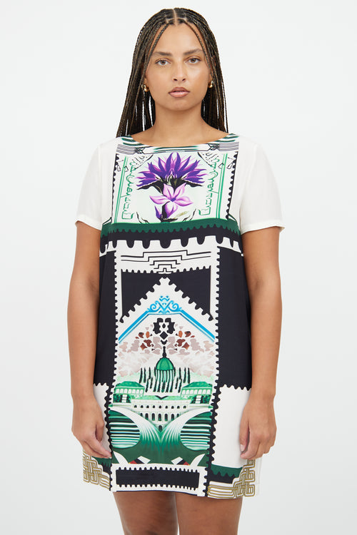 Mary Katrantzou White 
Green Silk Shift Dress