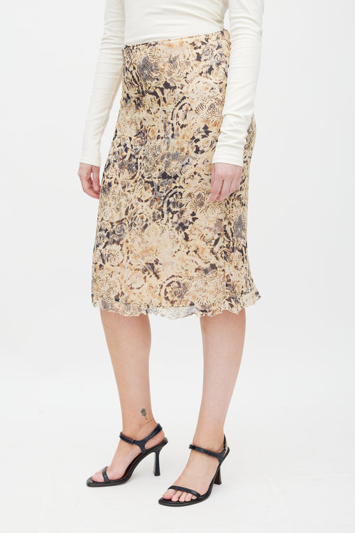 Max Mara Beige 
Grey Silk Floral Skirt