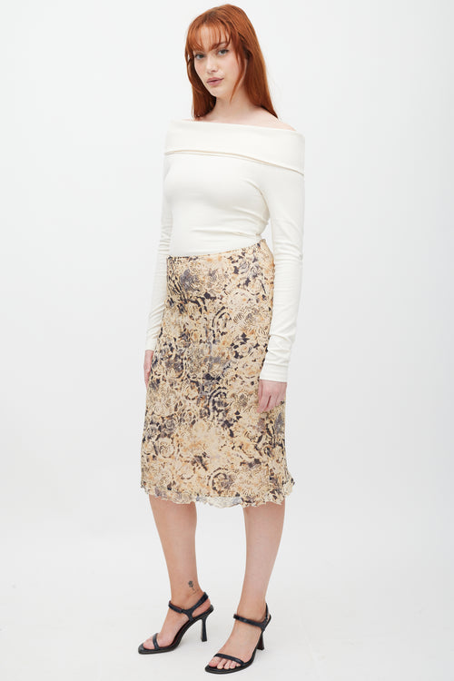 Max Mara Beige 
Grey Silk Floral Skirt