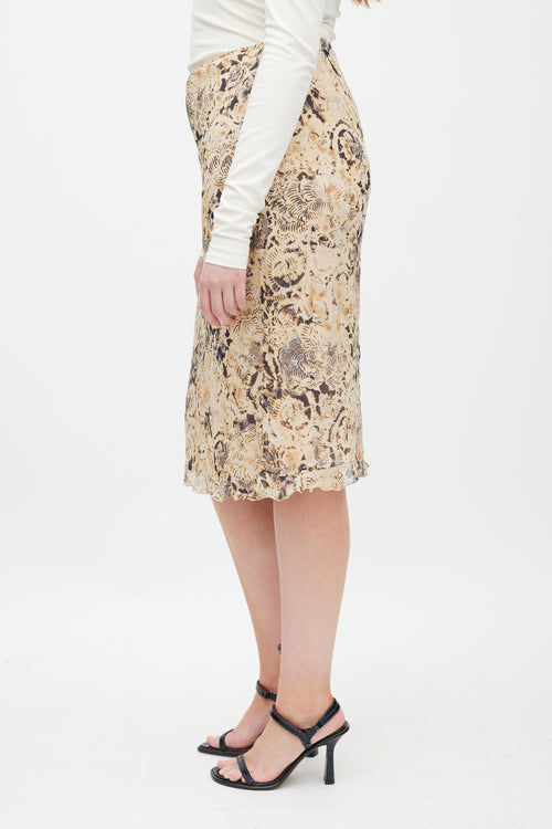 Max Mara Beige 
Grey Silk Floral Skirt