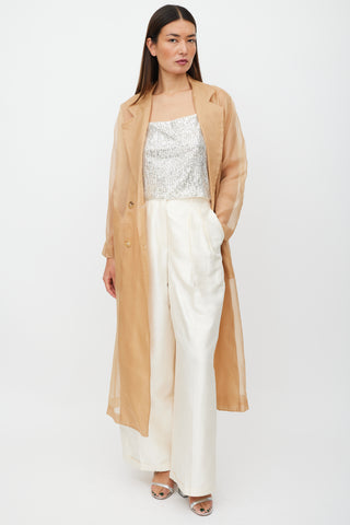 Max Mara Beige Sheer Silk Double Breasted Trench Coat